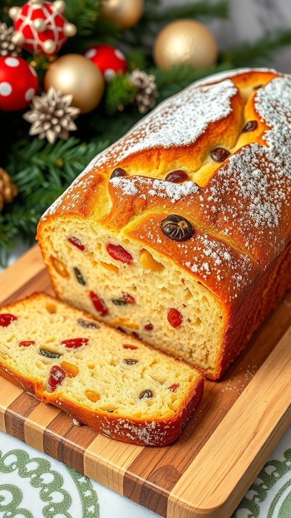 Festive Christmas Bread Recipe A golden-brown Christmas bread loaf with dried fruits and nuts, dusted with powdered sugar on a wooden board.